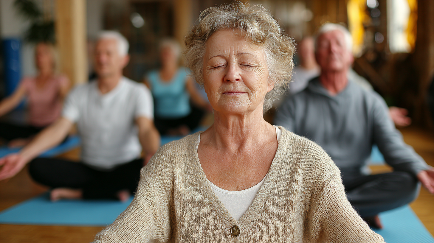 Група людей старшого віку в позі медитації